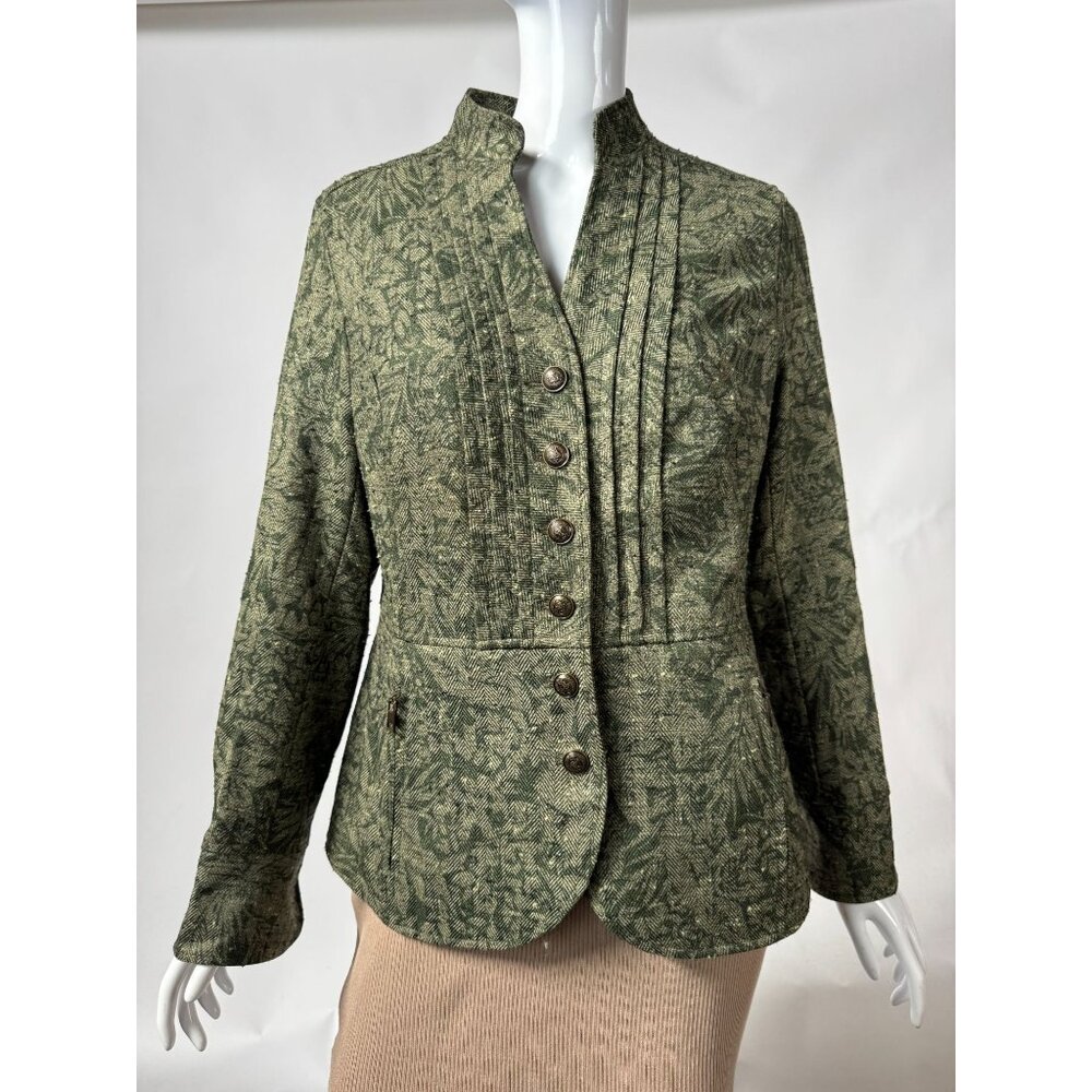 Coldwater Creek Green Herringbone Floral Blazer Jacket Size 8 Womens Elegant Lon